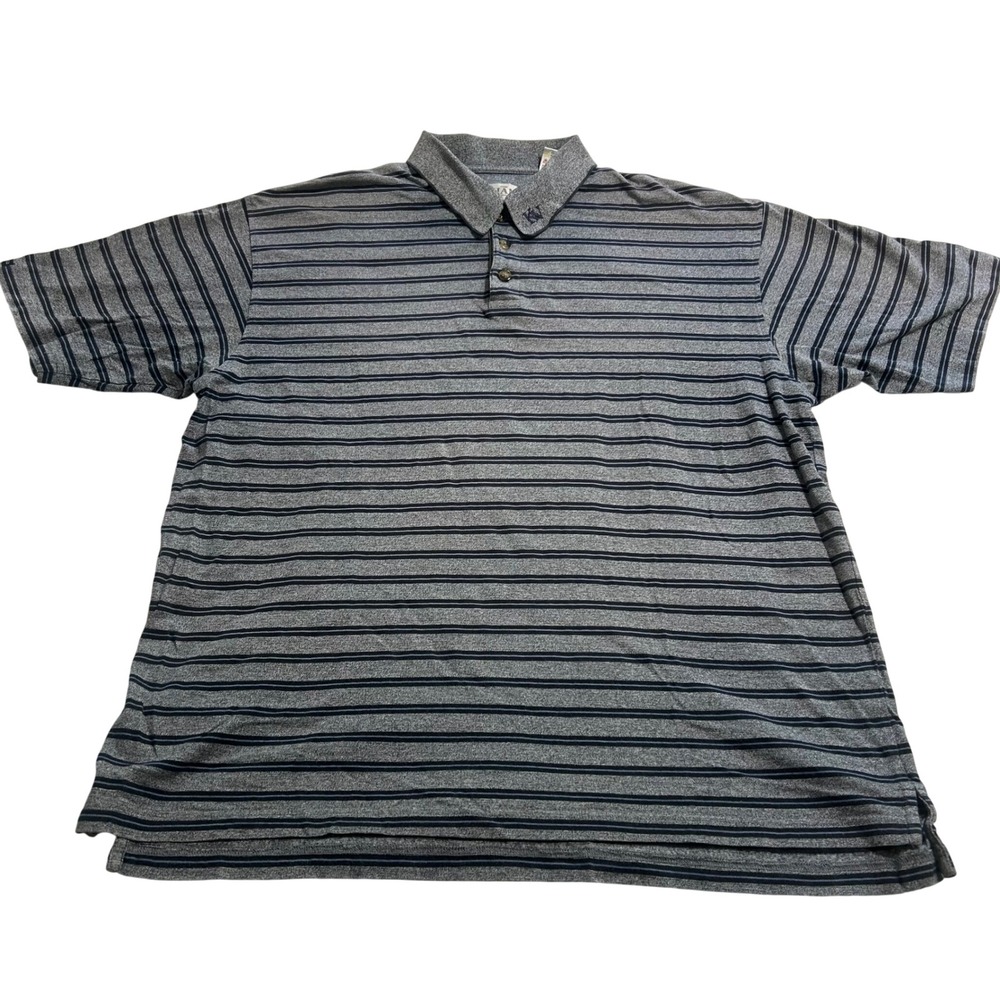 Tehama Clint Mens Gray Navy Striped Short Sleeve Polo Shirt 100% Cotton Large